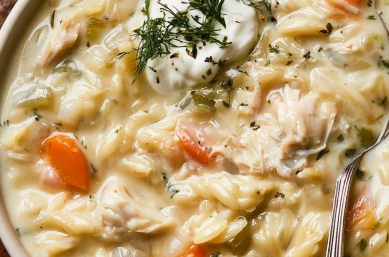 Delicious bowl of creamy chicken orzo soup garnished with herbs