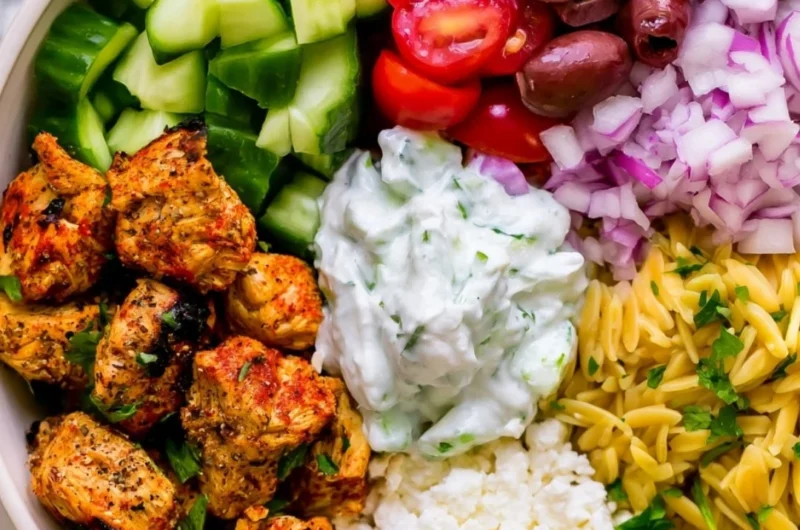 High-protein chicken gyro bowls served in a healthy, colorful lunch option.