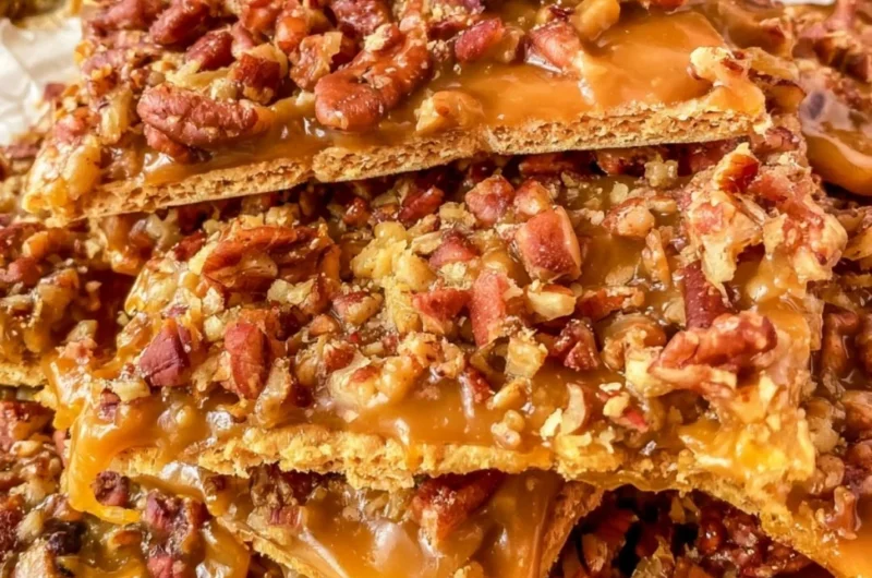 Easy pecan cracker toffee recipe with crunchy pecans and a rich toffee flavor.