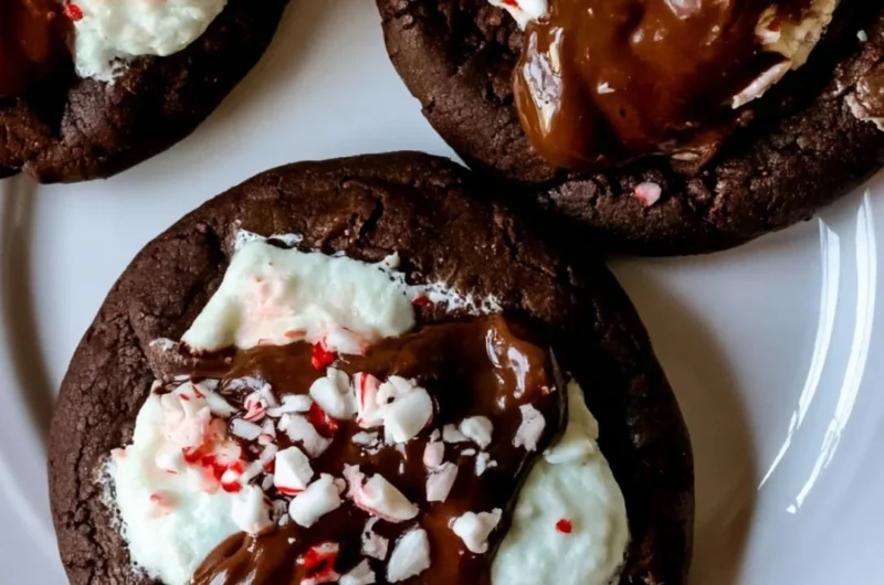 Plate of homemade hot cocoa cookies topped with marshmallows