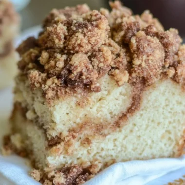Delicious cinnamon coffee cake sliced on a plate, perfect for breakfast.