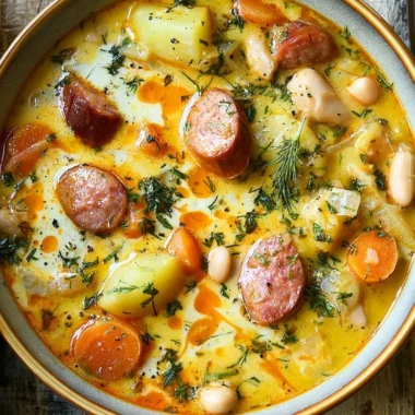 A bowl of warm Kielbasa Potato Soup topped with fresh herbs.