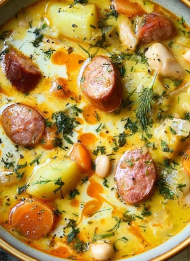 A bowl of warm Kielbasa Potato Soup topped with fresh herbs.