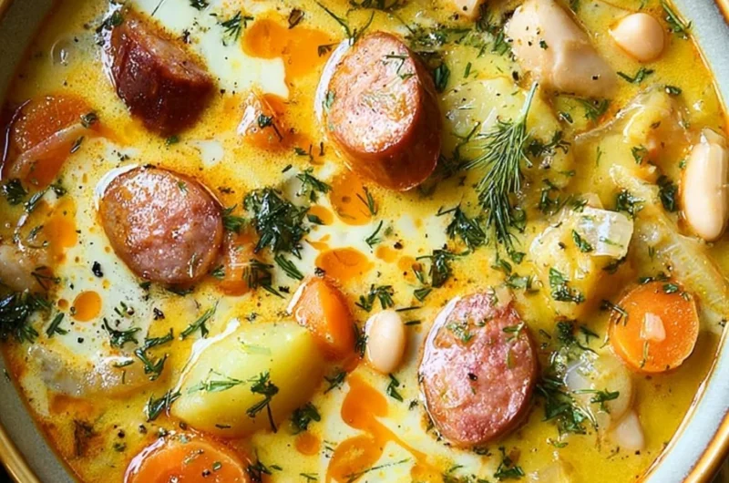 A bowl of warm Kielbasa Potato Soup topped with fresh herbs.