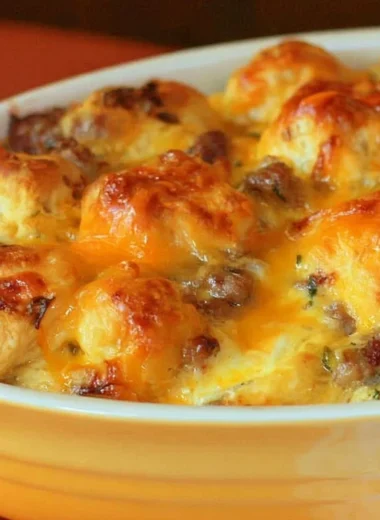 Delicious make-ahead breakfast cobbler served on a kitchen table.