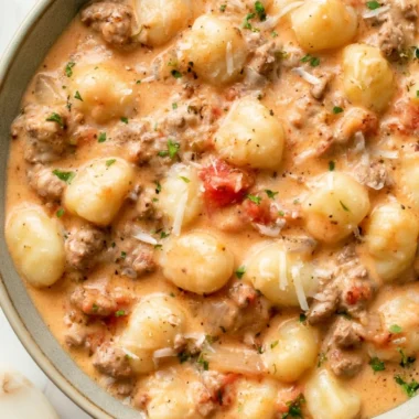 One Pan Ground Beef Gnocchi meal served in a skillet with herbs and cheese