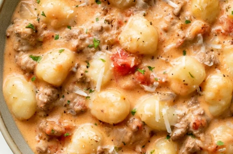 One Pan Ground Beef Gnocchi meal served in a skillet with herbs and cheese