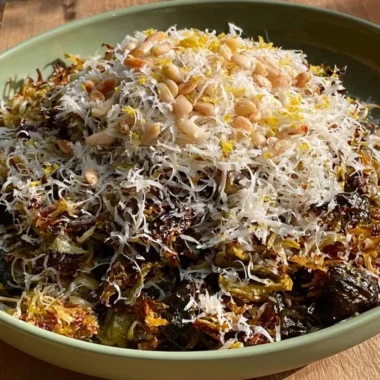 Oven-roasted shredded Brussels sprouts dish served on a plate
