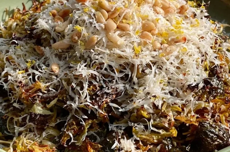Oven-roasted shredded Brussels sprouts dish served on a plate