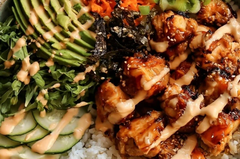 Delicious Sticky Honey Ginger Chicken Bowls served in a vibrant bowl.