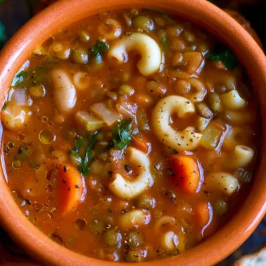 Bowl of flavorful vegan minestrone soup with lentils and fresh vegetables.