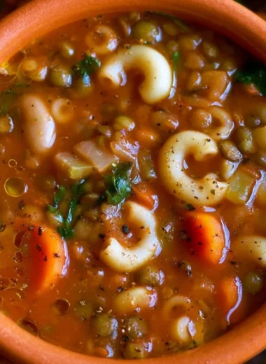 Bowl of flavorful vegan minestrone soup with lentils and fresh vegetables.